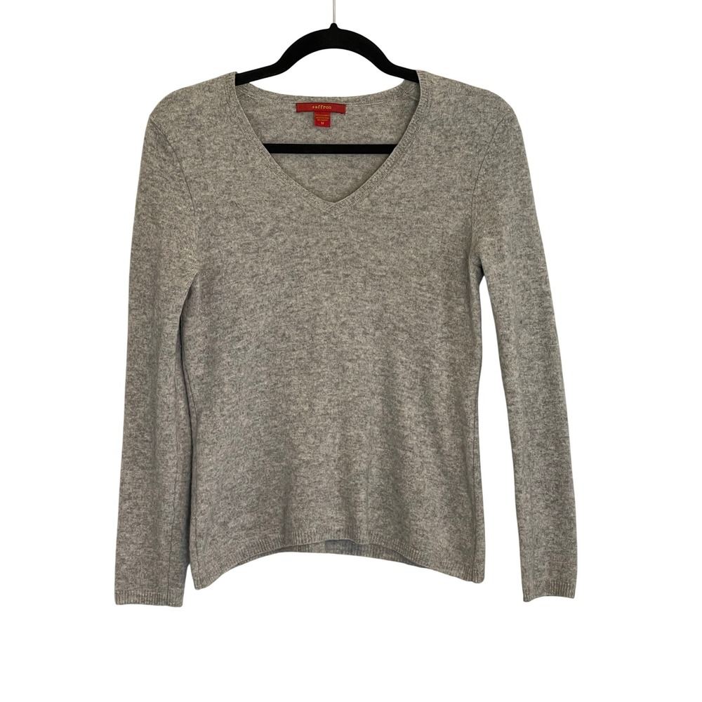 Saffron Womens 100% Cashmere V-Neck Sweater Heather‎ Grey Long Sleeve Size M